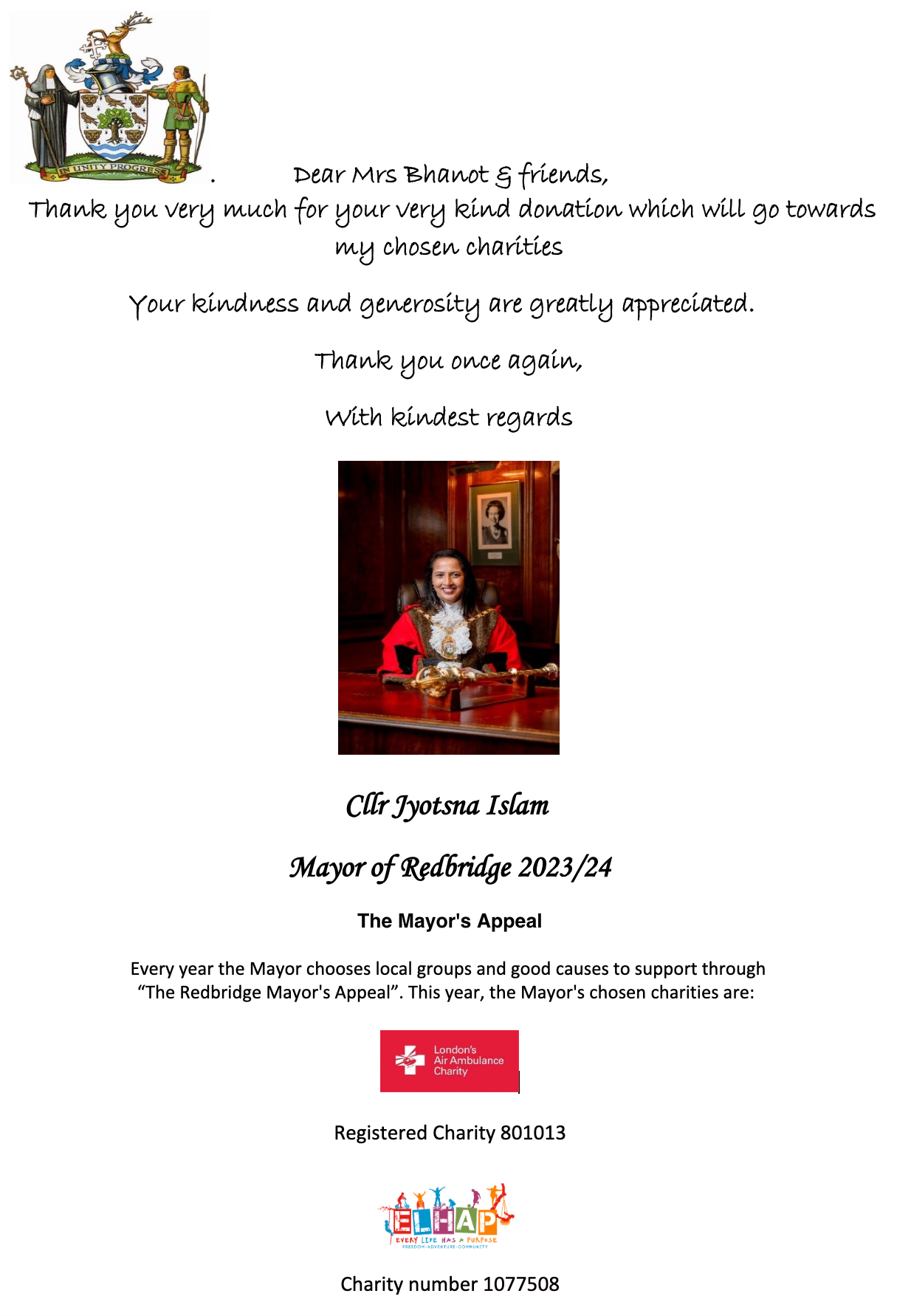 Thank you Note from the Mayor of Redbridge